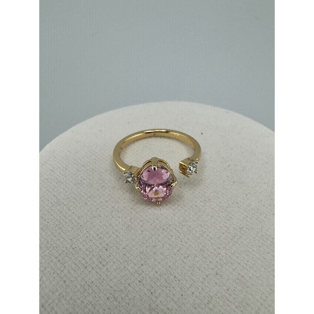 Gold Tone Pink Oval Stone Bypass Ring with Clear Accents Open Band Wrap Style - Picture 3 of 3
